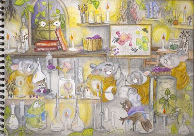 Montage drawing of the Puppetry Bean Laboratory, UConn Online Graduate Certificate in Puppet Arts